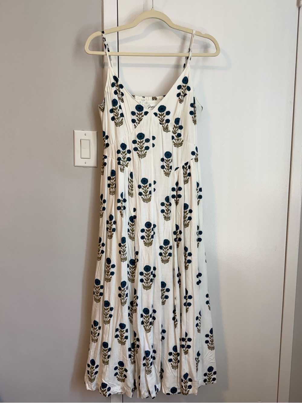 Women’s White Floral Maxi Dress with Blue Print